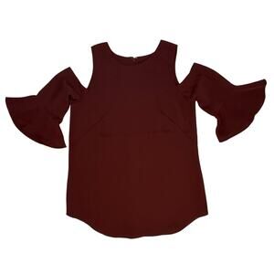 Burgundy Red Blouse Ruffle Sleeve Cold Shoulder Women's XS Going Out Shirt